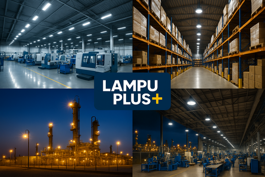 i want a picture that same like the pictures but have 4 images combine into one pictures and have logo lampu plus, this one is for industrial so it have like factory and so on