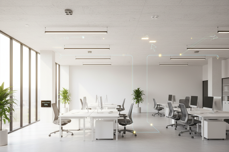Automatically dim or switch off lights based on available sunlight and room usage to cut energy bills. on office