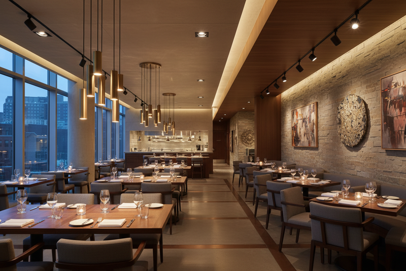 i want a picture that shows good lighting in restaurant, i have this text in the image Invest in High-Performance, Durable Fixtures., but i dont want you to put the text, just generate the image that can relate with the image